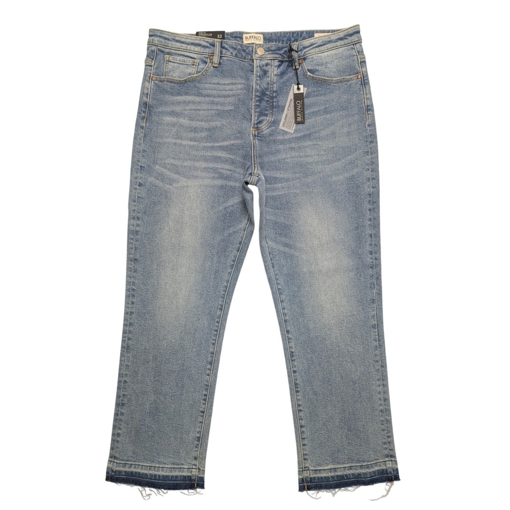NWT Buffalo David Bitton Riley Straight Leg Jeans Womens 32 Blue Raw Hem Ankle